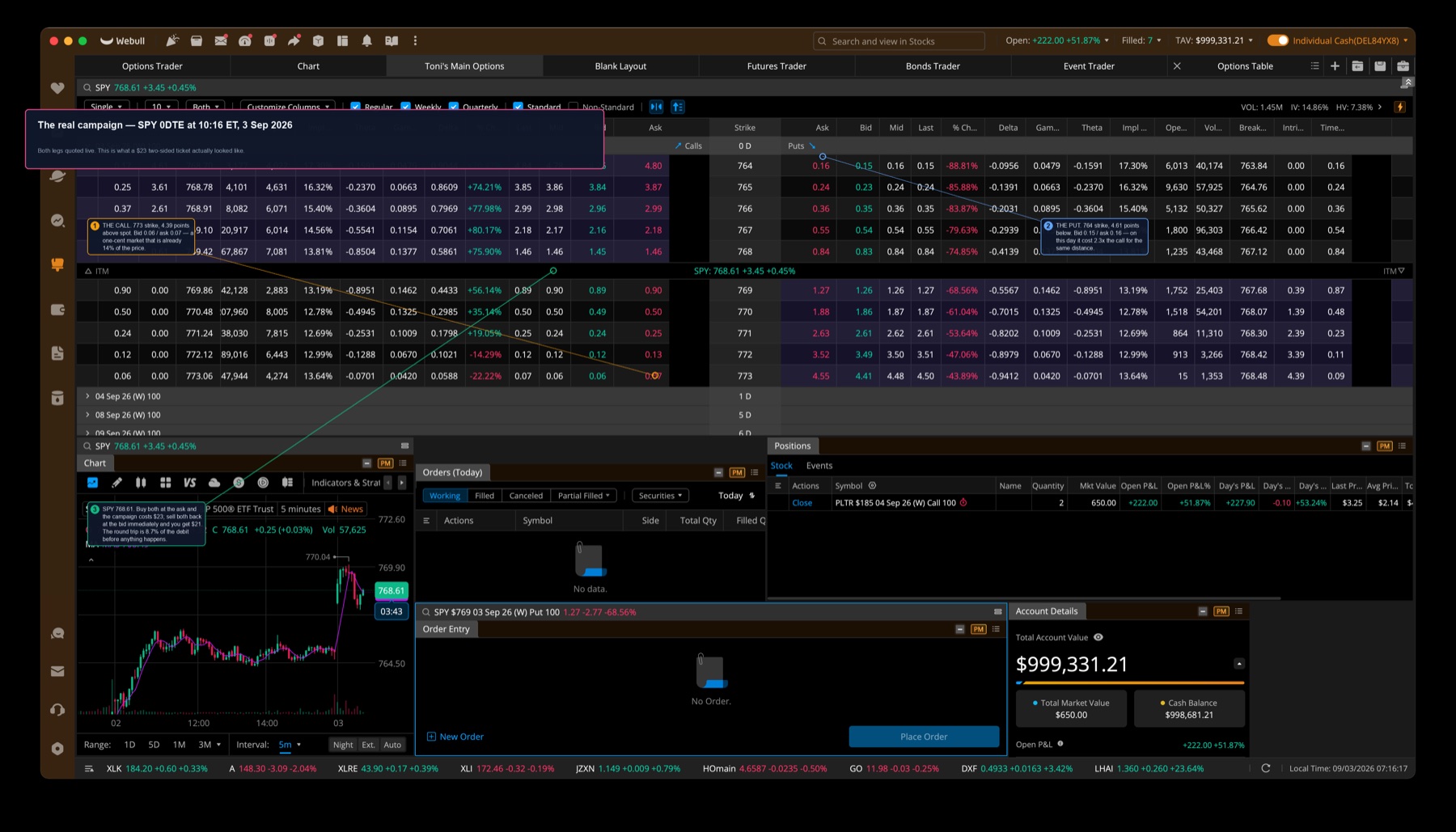 SPY 0DTE option chain at 10:16 ET showing the 773 call at 0.06/0.07 and the 764 put at 0.15/0.16